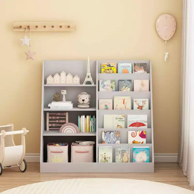 Libreria e contenitore per giocattoli MAYEERTY, libreria in legno a 4 ripiani con espositore per libri per cameretta bambini e sala giochi, grigio