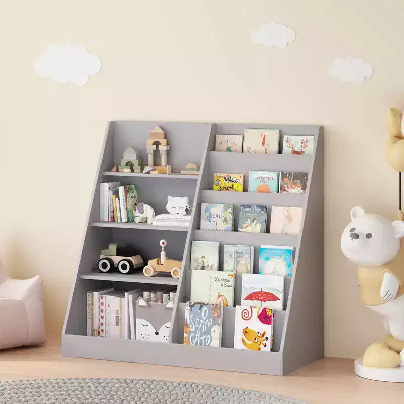 Libreria e contenitore per giocattoli MAYEERTY, libreria in legno a 4 ripiani con espositore per libri per cameretta bambini e sala giochi, grigio