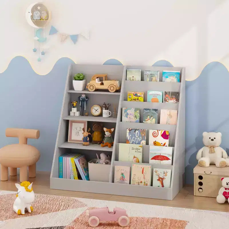 Libreria e contenitore per giocattoli MAYEERTY, libreria in legno a 4 ripiani con espositore per libri per cameretta bambini e sala giochi, grigio
