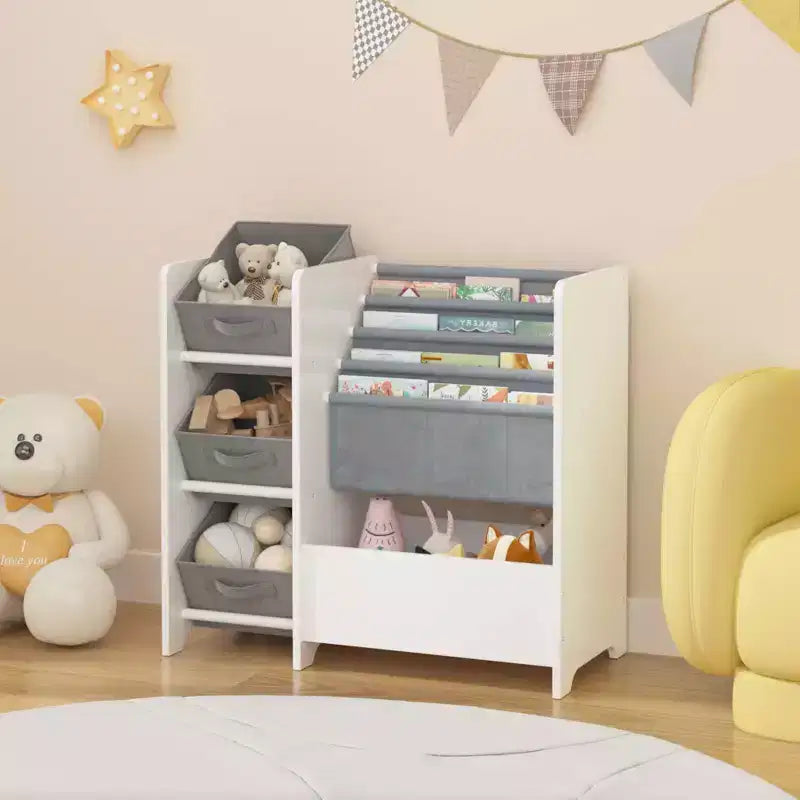 MAYEERTY Libreria per Bambini e Contenitore per Giocattoli, Organizzatore Multifunzionale a 4 Ripiani con 3 Cassetti Pieghevoli in Tessuto, Espositore per Libri per Camera da Letto e Sala Giochi