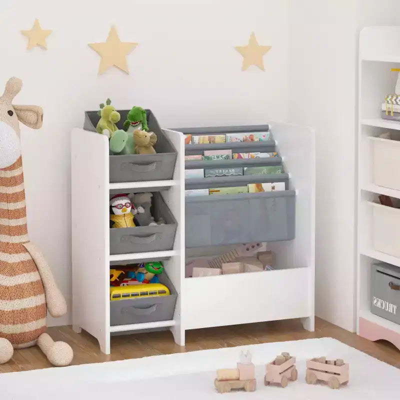 MAYEERTY Libreria per Bambini e Contenitore per Giocattoli, Organizzatore Multifunzionale a 4 Ripiani con 3 Cassetti Pieghevoli in Tessuto, Espositore per Libri per Camera da Letto e Sala Giochi