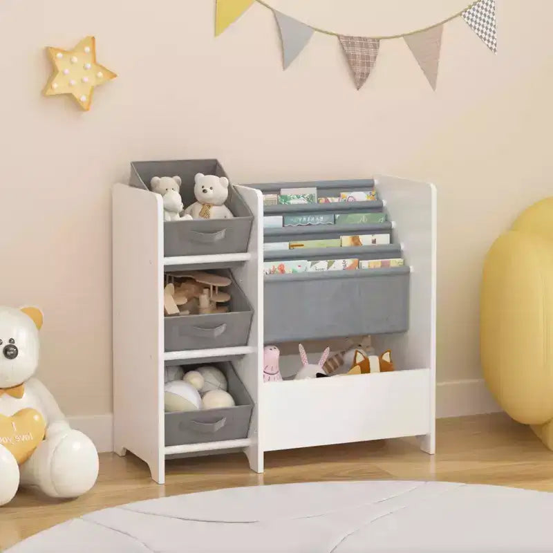MAYEERTY Libreria per Bambini e Contenitore per Giocattoli, Organizzatore Multifunzionale a 4 Ripiani con 3 Cassetti Pieghevoli in Tessuto, Espositore per Libri per Camera da Letto e Sala Giochi