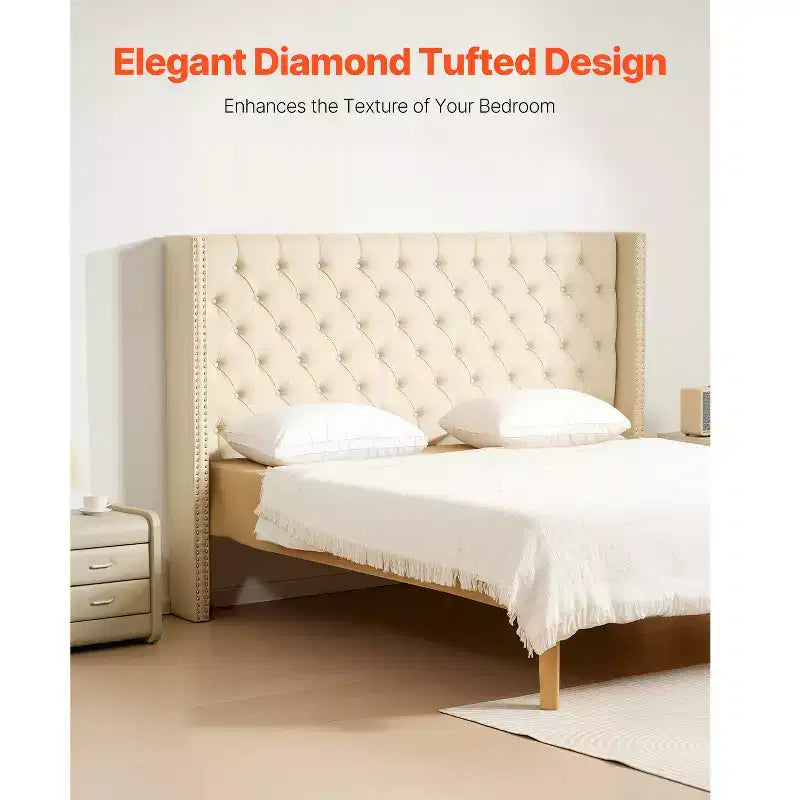 VEVOR Testiera Letto Matrimoniale, Testiera con Altezza Regolabile, Confortevole Trapuntatura a Diamante per Letto King Size, L 213.6 x A (137.9 - 153) x P 21 cm, Beige