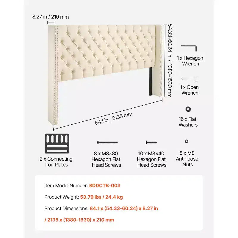 VEVOR Testiera Letto Matrimoniale, Testiera con Altezza Regolabile, Confortevole Trapuntatura a Diamante per Letto King Size, L 213.6 x A (137.9 - 153) x P 21 cm, Beige