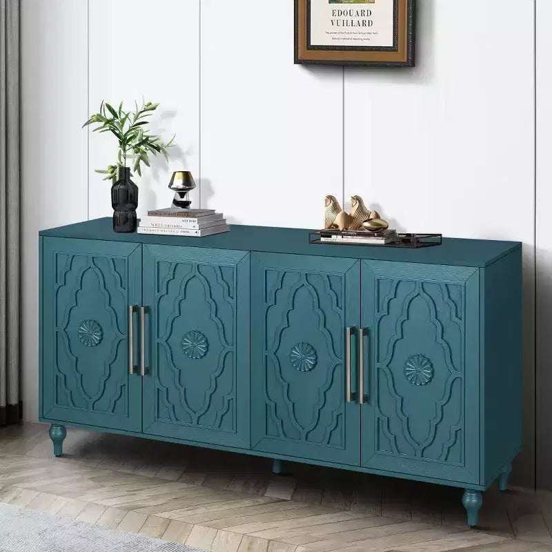 Mobile Cucina con 4 Ante Scolpite a Fiori, Credenza Decorativa Madia Contenitore per Sala da Pranzo, Soggiorno - Panipeachy