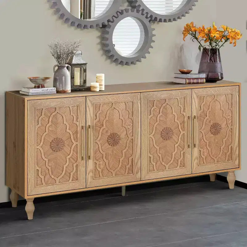 Mobile Cucina con 4 Ante Scolpite a Fiori, Credenza Decorativa Madia Contenitore per Sala da Pranzo, Soggiorno - Panipeachy