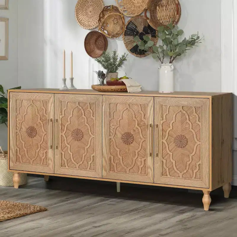 Mobile Cucina con 4 Ante Scolpite a Fiori, Credenza Decorativa Madia Contenitore per Sala da Pranzo, Soggiorno - Panipeachy