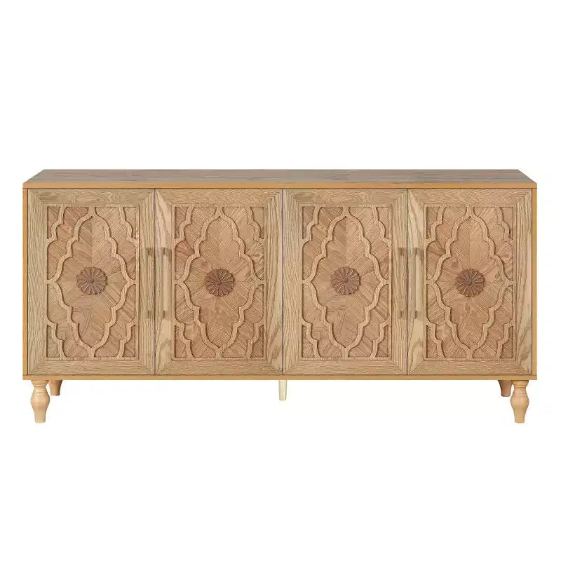Mobile Cucina con 4 Ante Scolpite a Fiori, Credenza Decorativa Madia Contenitore per Sala da Pranzo, Soggiorno - Panipeachy