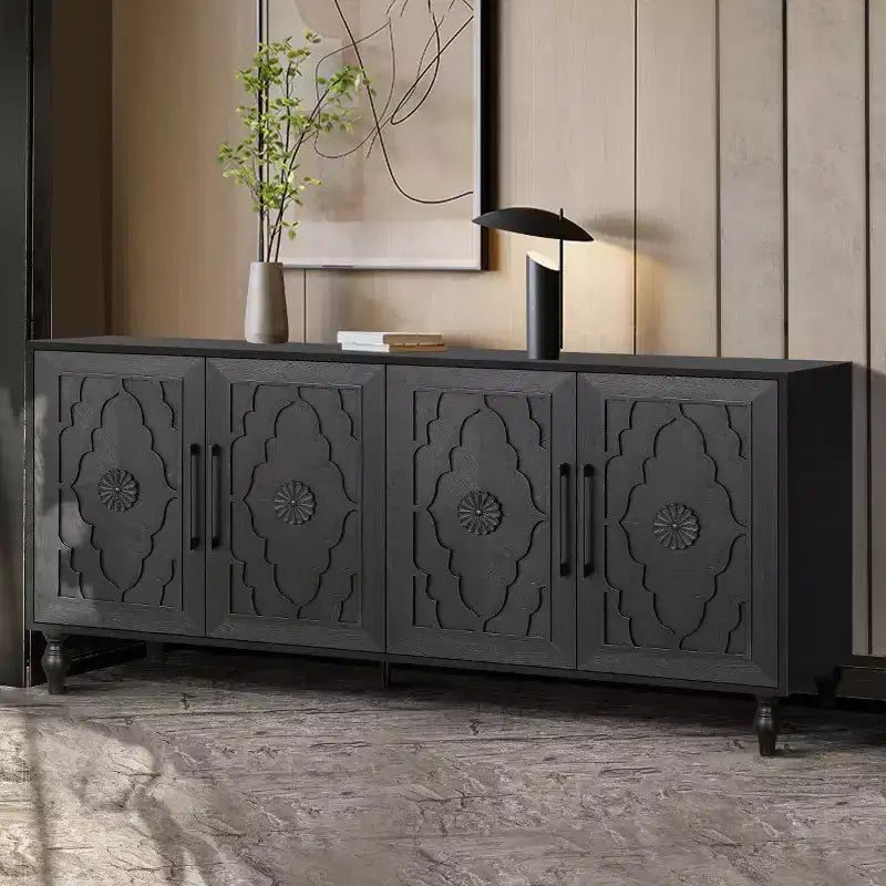 Mobile Cucina con 4 Ante Scolpite a Fiori, Credenza Decorativa Madia Contenitore per Sala da Pranzo, Soggiorno - Panipeachy