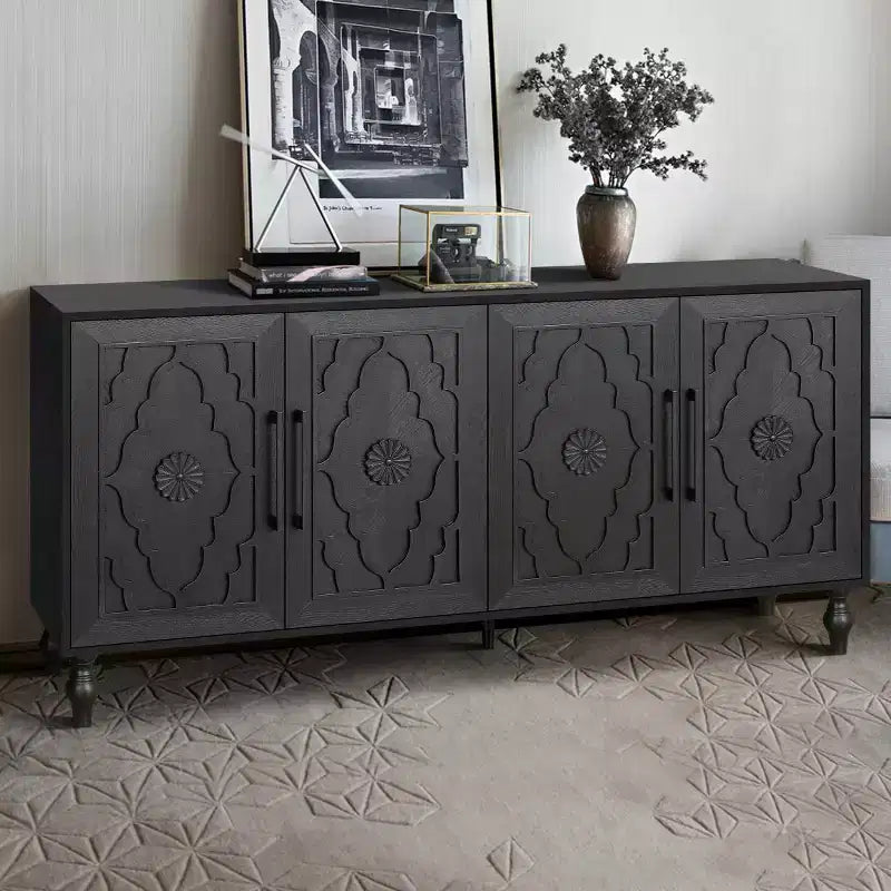 Mobile Cucina con 4 Ante Scolpite a Fiori, Credenza Decorativa Madia Contenitore per Sala da Pranzo, Soggiorno - Panipeachy