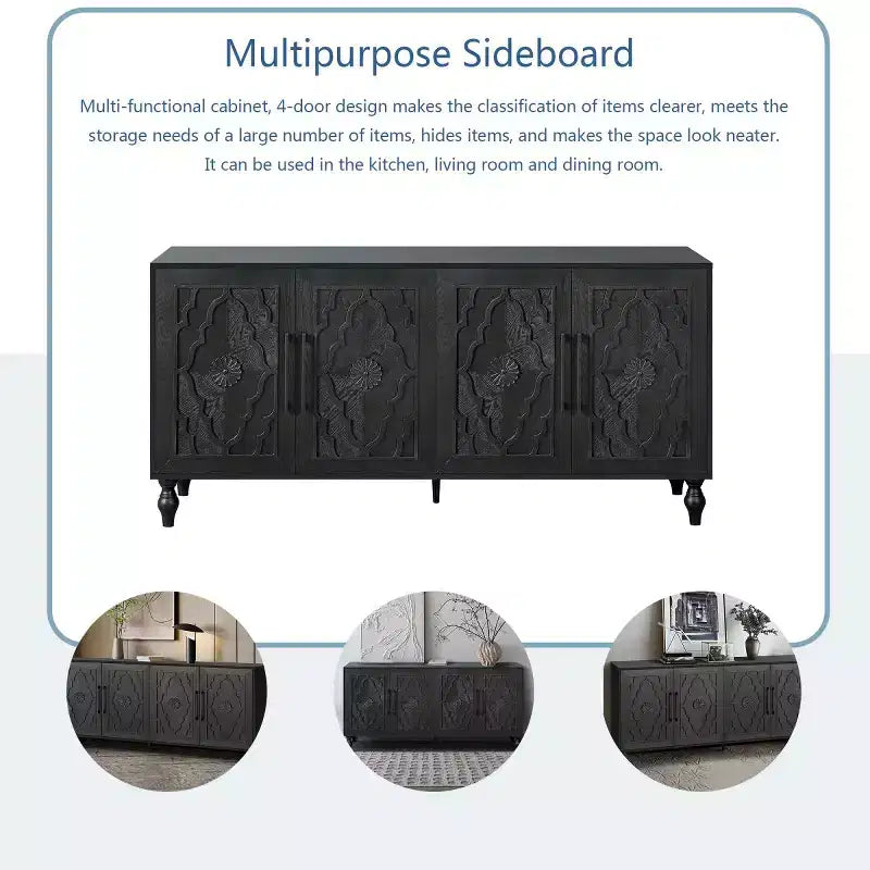 Mobile Cucina con 4 Ante Scolpite a Fiori, Credenza Decorativa Madia Contenitore per Sala da Pranzo, Soggiorno - Panipeachy