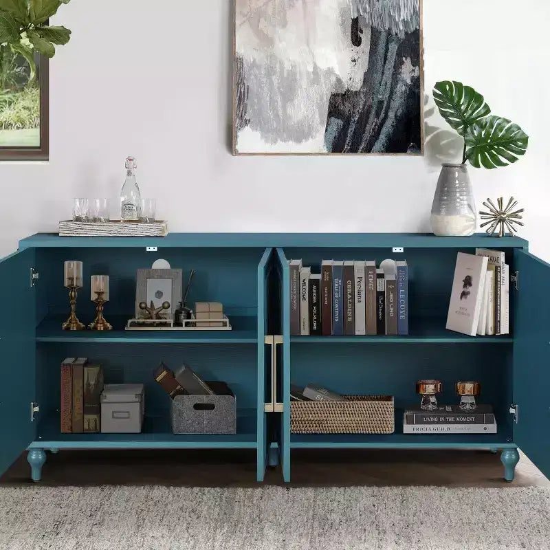 Mobile Cucina con 4 Ante Scolpite a Fiori, Credenza Decorativa Madia Contenitore per Sala da Pranzo, Soggiorno - Panipeachy