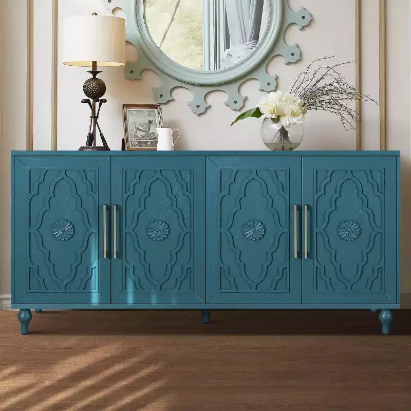 Mobile Cucina con 4 Ante Scolpite a Fiori, Credenza Decorativa Madia Contenitore per Sala da Pranzo, Soggiorno - Panipeachy