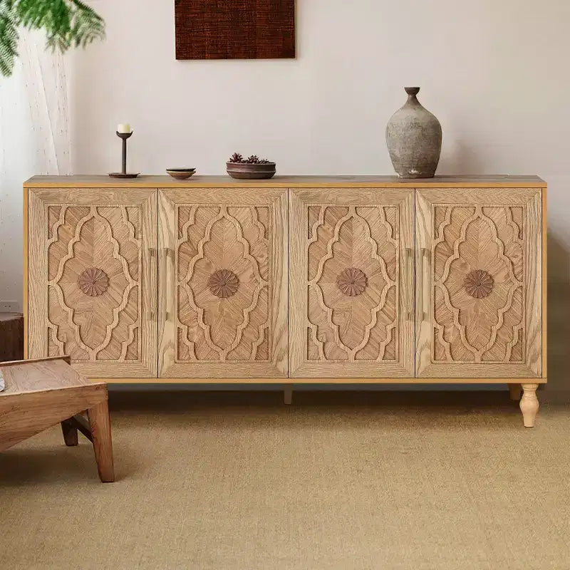 Mobile Cucina con 4 Ante Scolpite a Fiori, Credenza Decorativa Madia Contenitore per Sala da Pranzo, Soggiorno - Panipeachy