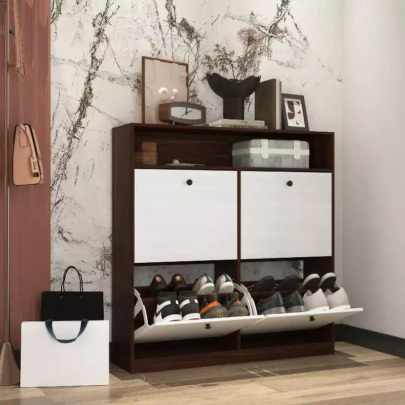 CLIHOME Scarpiera a Colonna con Sistema Antiribaltamento, Scarpiera Organizzatore con Maniglia in Legno