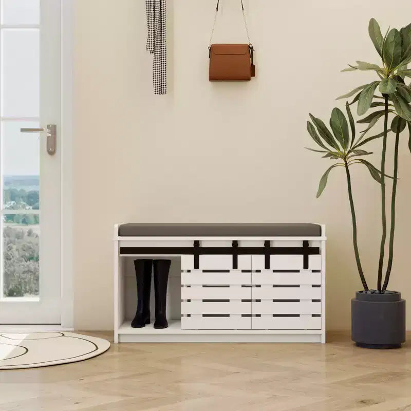 MAYEERTY 2-Tier Entryway Shoe Storage Bench, 2 Sliding Barn Doors Removable Padded Seat, Hallway Bedroom, White