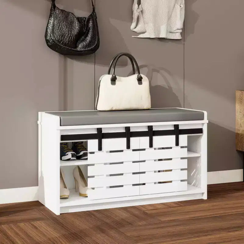 MAYEERTY Panca Contenitore per Scarpe a 2 Livelli con Porte Scorrevoli, Sedile Imbottito Rimovibile, Ingresso Corridoio Camera da Letto, Bianco