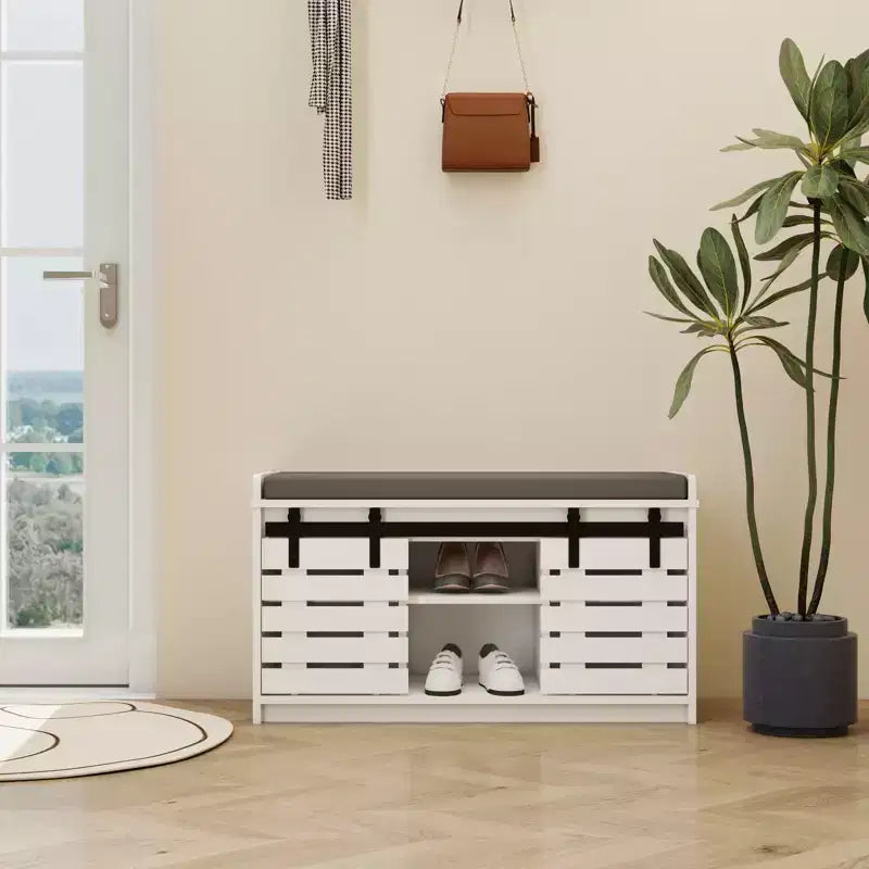MAYEERTY Panca Contenitore per Scarpe a 2 Livelli con Porte Scorrevoli, Sedile Imbottito Rimovibile, Ingresso Corridoio Camera da Letto, Bianco