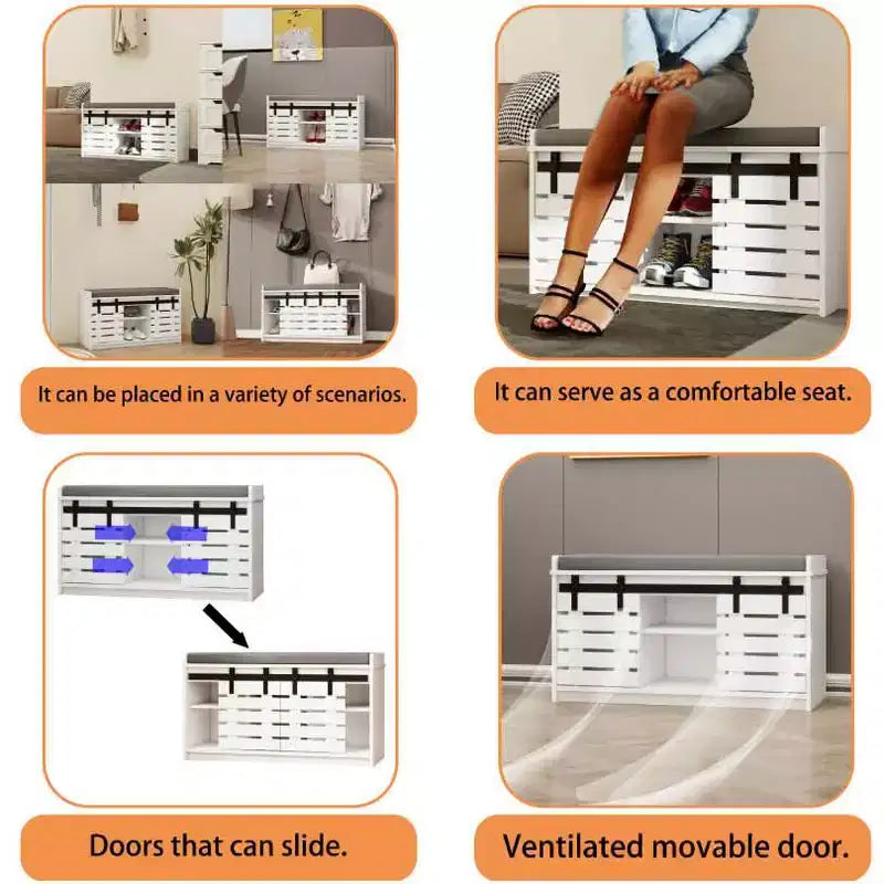 MAYEERTY Panca Contenitore per Scarpe a 2 Livelli con Porte Scorrevoli, Sedile Imbottito Rimovibile, Ingresso Corridoio Camera da Letto, Bianco
