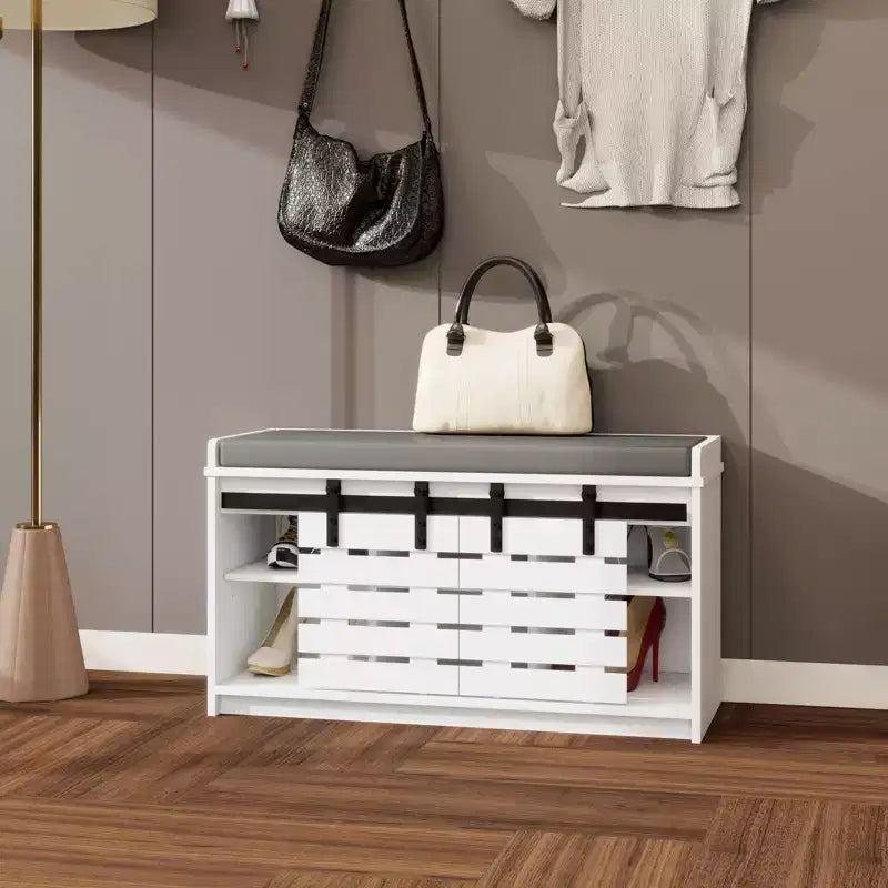 MAYEERTY Panca Contenitore per Scarpe a 2 Livelli con Porte Scorrevoli, Sedile Imbottito Rimovibile, Ingresso Corridoio Camera da Letto, Bianco