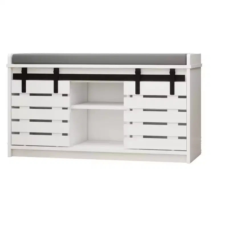 MAYEERTY Panca Contenitore per Scarpe a 2 Livelli con Porte Scorrevoli, Sedile Imbottito Rimovibile, Ingresso Corridoio Camera da Letto, Bianco