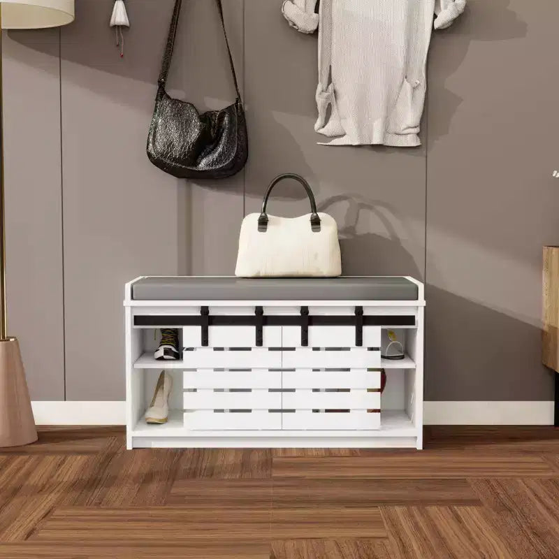 MAYEERTY Panca Contenitore per Scarpe a 2 Livelli con Porte Scorrevoli, Sedile Imbottito Rimovibile, Ingresso Corridoio Camera da Letto, Bianco