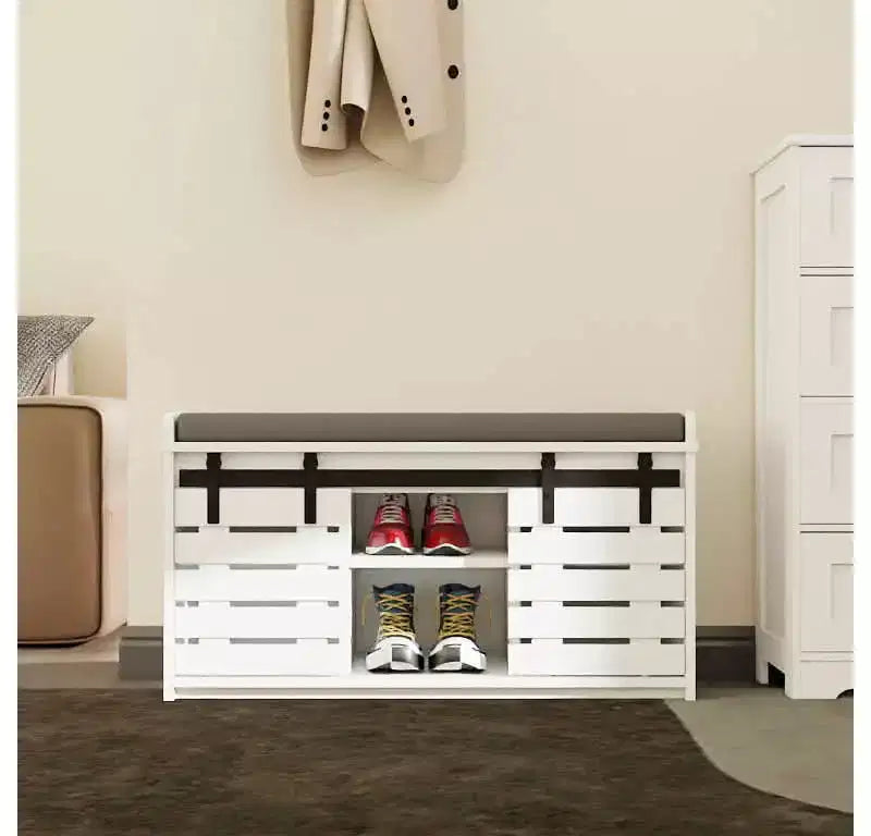 MAYEERTY Panca Contenitore per Scarpe a 2 Livelli con Porte Scorrevoli, Sedile Imbottito Rimovibile, Ingresso Corridoio Camera da Letto, Bianco