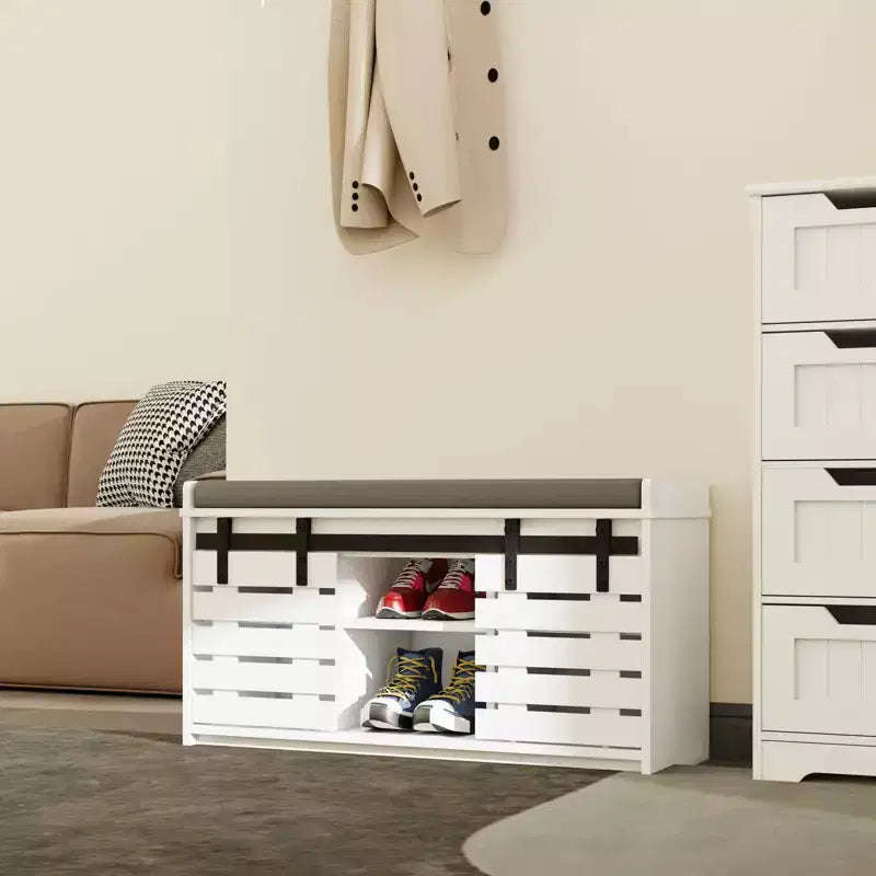MAYEERTY Panca Contenitore per Scarpe a 2 Livelli con Porte Scorrevoli, Sedile Imbottito Rimovibile, Ingresso Corridoio Camera da Letto, Bianco