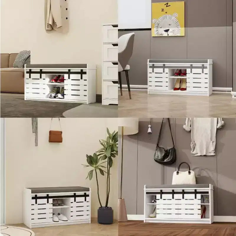 MAYEERTY Panca Contenitore per Scarpe a 2 Livelli con Porte Scorrevoli, Sedile Imbottito Rimovibile, Ingresso Corridoio Camera da Letto, Bianco