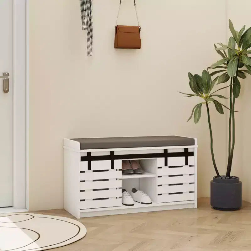 MAYEERTY Panca Contenitore per Scarpe a 2 Livelli con Porte Scorrevoli, Sedile Imbottito Rimovibile, Ingresso Corridoio Camera da Letto, Bianco