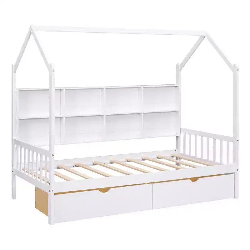 Letto a capanna in legno una piazza e mezza con 2 cassetti, letto per bambini con mensola portaoggetti, letto a capanna multifunzionale con tetto a cielo aperto, bianco_una piazza e mezza 1