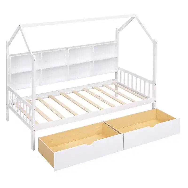 Letto a capanna in legno una piazza e mezza con 2 cassetti, letto per bambini con mensola portaoggetti, letto a capanna multifunzionale con tetto a cielo aperto, bianco_una piazza e mezza 1