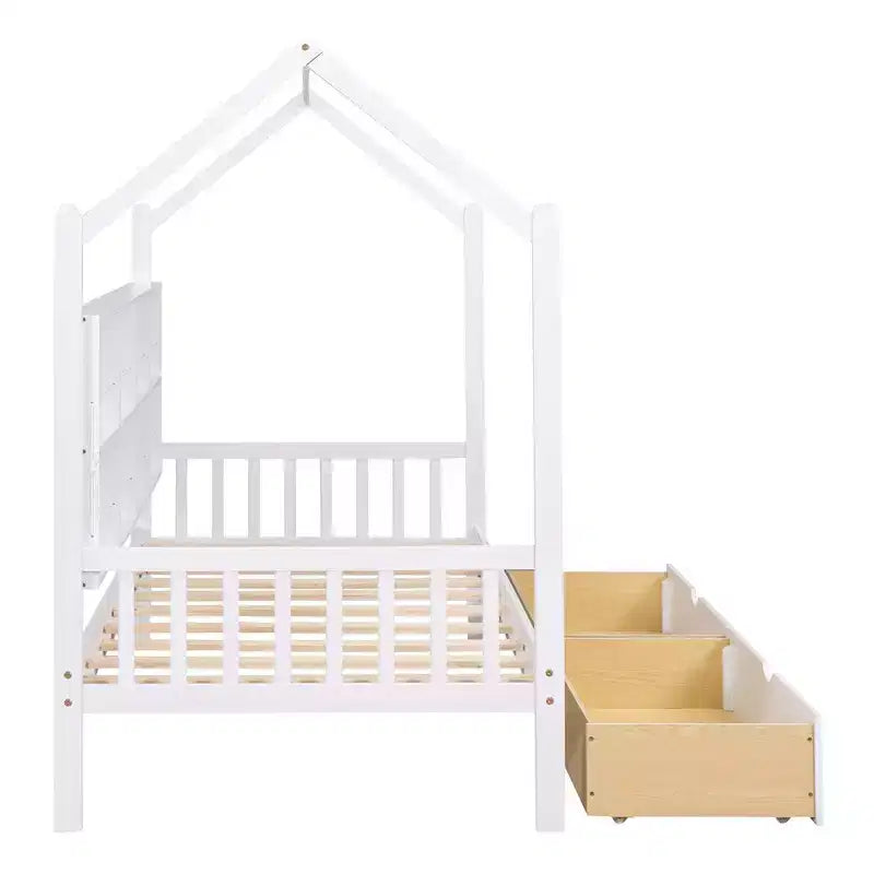 Letto a capanna in legno una piazza e mezza con 2 cassetti, letto per bambini con mensola portaoggetti, letto a capanna multifunzionale con tetto a cielo aperto, bianco_una piazza e mezza 1