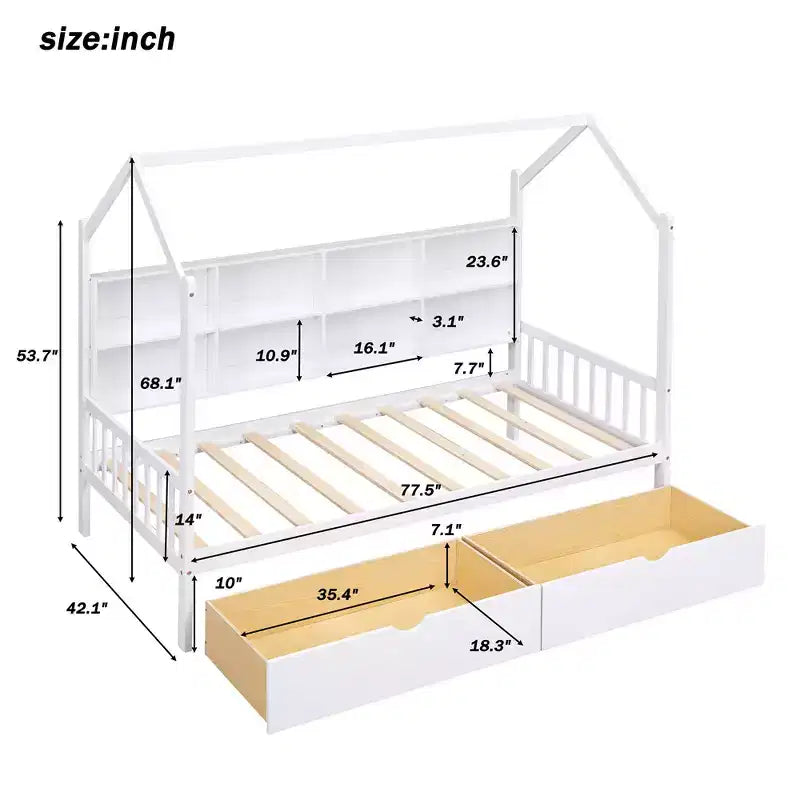 Letto a capanna in legno una piazza e mezza con 2 cassetti, letto per bambini con mensola portaoggetti, letto a capanna multifunzionale con tetto a cielo aperto, bianco_una piazza e mezza 1