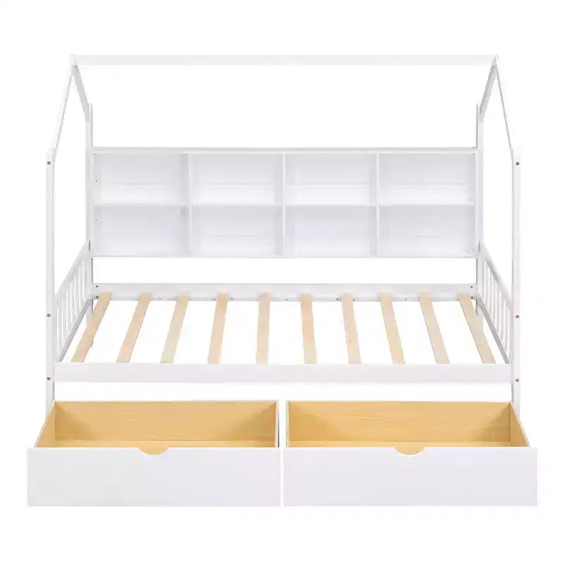 Letto a capanna in legno una piazza e mezza con 2 cassetti, letto per bambini con mensola portaoggetti, letto a capanna multifunzionale con tetto a cielo aperto, bianco_una piazza e mezza 1
