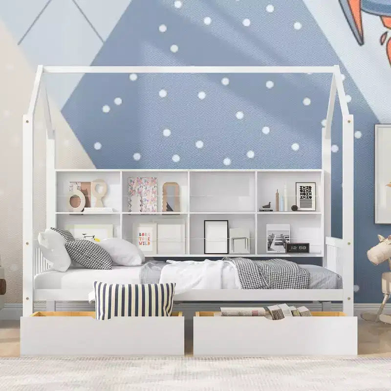 Letto a capanna in legno una piazza e mezza con 2 cassetti, letto per bambini con mensola portaoggetti, letto a capanna multifunzionale con tetto a cielo aperto, bianco_una piazza e mezza 1