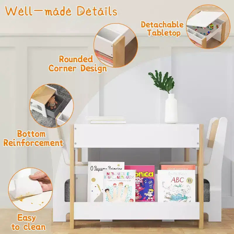Set Tavolo e Sedie per Bambini - Tavolo Attività in Legno 4 in 1 e 2 Sedie, Cassetto Contenitore, Piano Rimovibile, per Disegno, Lettura, Lavoretti, Arte, Compiti