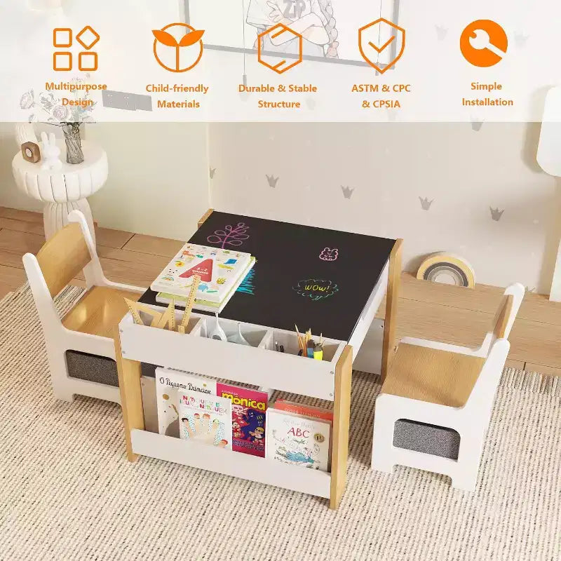 Set Tavolo e Sedie per Bambini - Tavolo Attività in Legno 4 in 1 e 2 Sedie, Cassetto Contenitore, Piano Rimovibile, per Disegno, Lettura, Lavoretti, Arte, Compiti