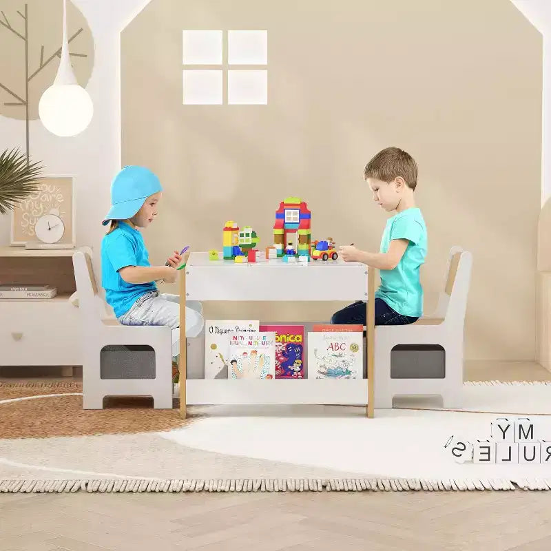 Set Tavolo e Sedie per Bambini - Tavolo Attività in Legno 4 in 1 e 2 Sedie, Cassetto Contenitore, Piano Rimovibile, per Disegno, Lettura, Lavoretti, Arte, Compiti