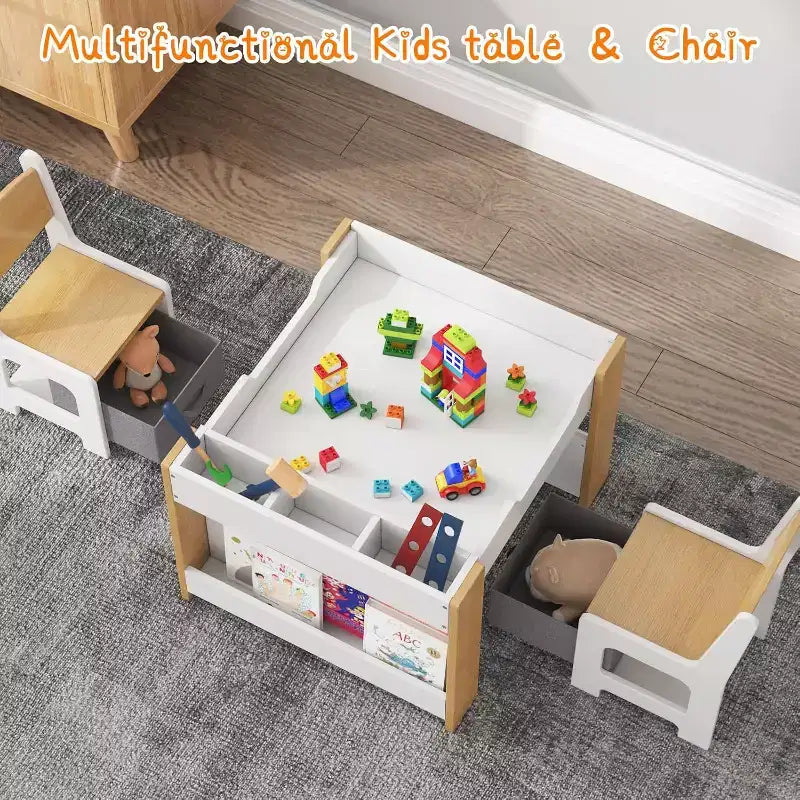 Set Tavolo e Sedie per Bambini - Tavolo Attività in Legno 4 in 1 e 2 Sedie, Cassetto Contenitore, Piano Rimovibile, per Disegno, Lettura, Lavoretti, Arte, Compiti