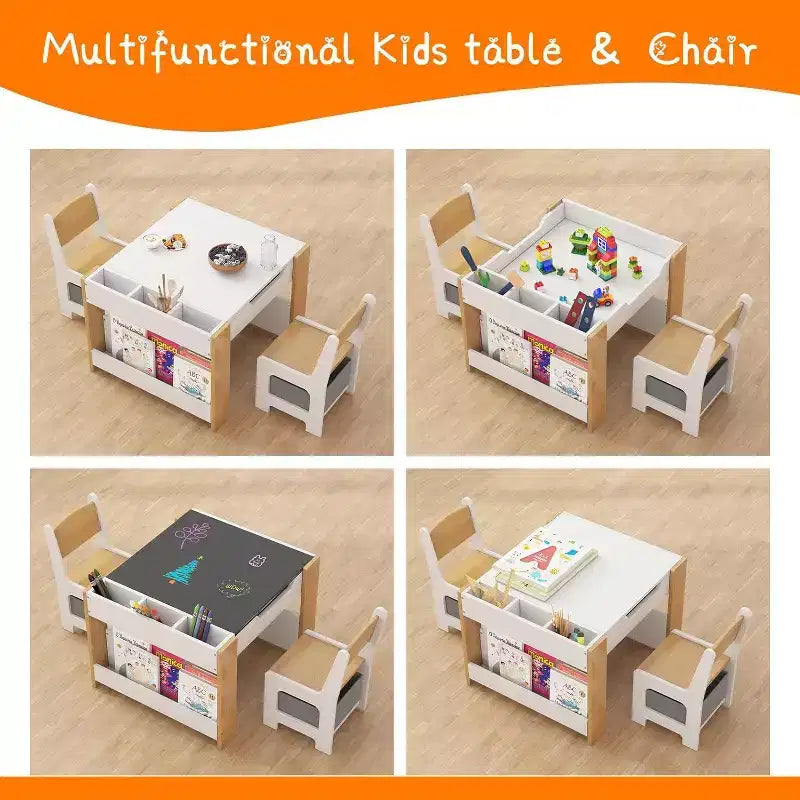 Set Tavolo e Sedie per Bambini - Tavolo Attività in Legno 4 in 1 e 2 Sedie, Cassetto Contenitore, Piano Rimovibile, per Disegno, Lettura, Lavoretti, Arte, Compiti