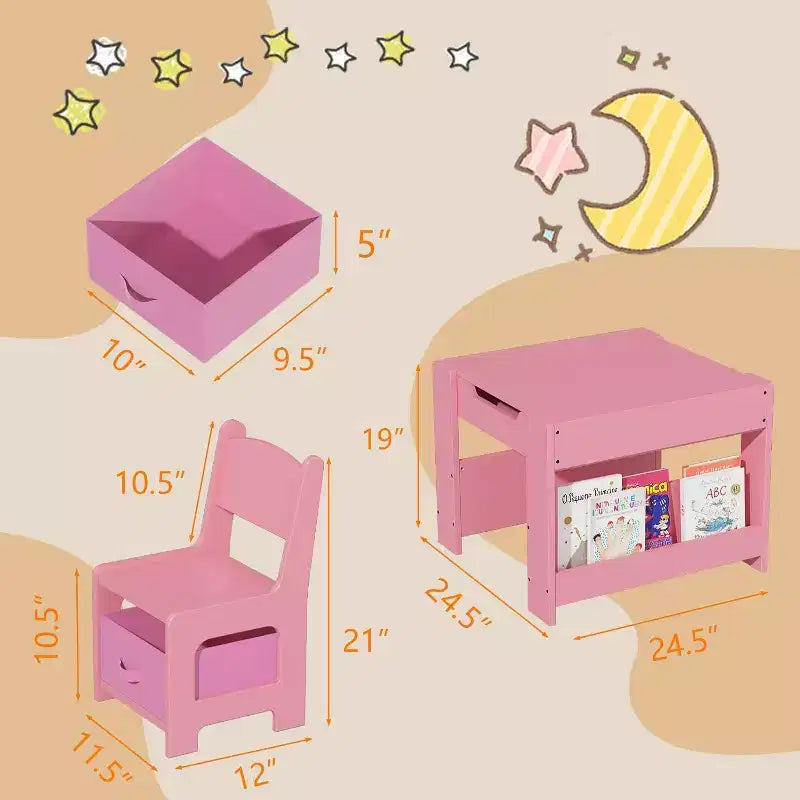 Set Tavolo e Sedie per Bambini - Tavolo Attività in Legno 4 in 1 e 2 Sedie, Cassetto Contenitore, Piano Rimovibile, per Disegno, Lettura, Lavoretti, Arte, Compiti