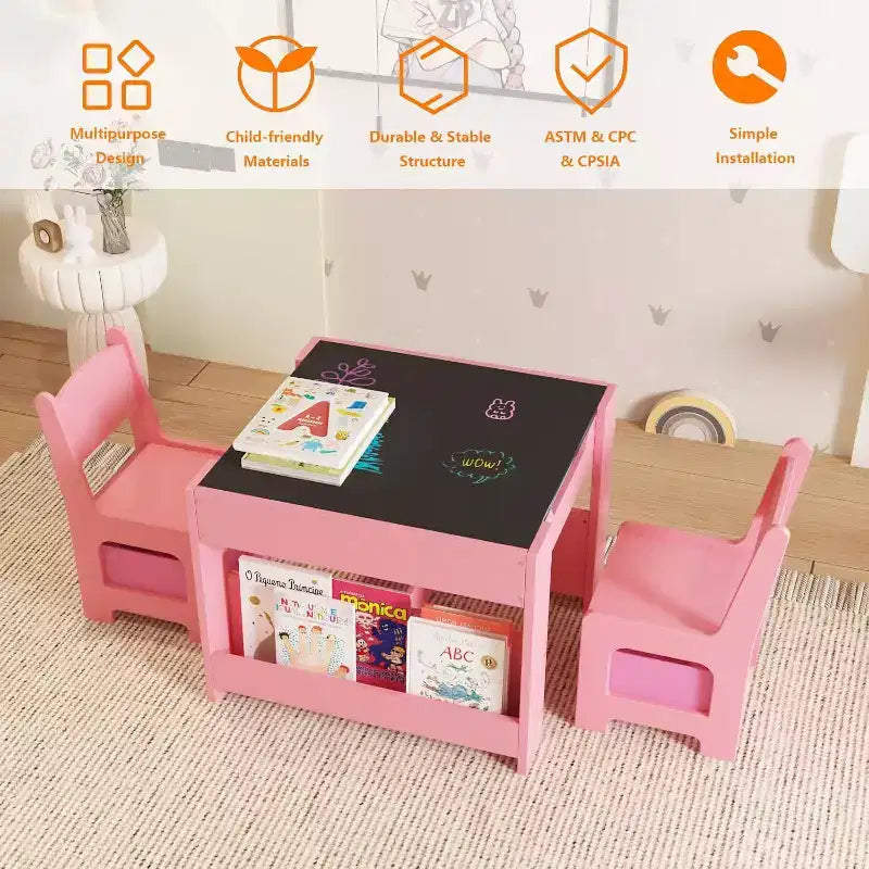 Set Tavolo e Sedie per Bambini - Tavolo Attività in Legno 4 in 1 e 2 Sedie, Cassetto Contenitore, Piano Rimovibile, per Disegno, Lettura, Lavoretti, Arte, Compiti