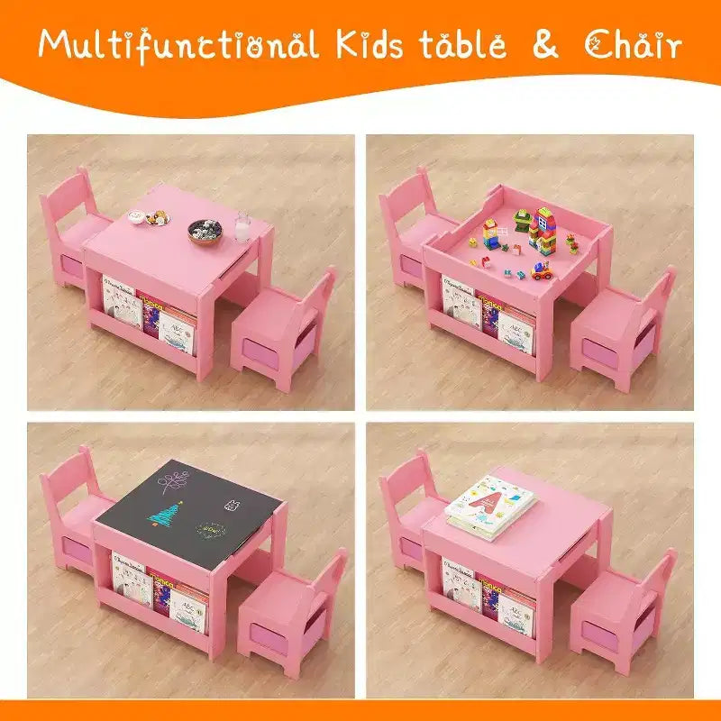 Set Tavolo e Sedie per Bambini - Tavolo Attività in Legno 4 in 1 e 2 Sedie, Cassetto Contenitore, Piano Rimovibile, per Disegno, Lettura, Lavoretti, Arte, Compiti