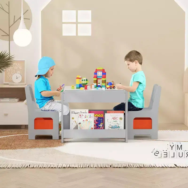 Set Tavolo e Sedie per Bambini - Tavolo Attività in Legno 4 in 1 e 2 Sedie, Cassetto Contenitore, Piano Rimovibile, per Disegno, Lettura, Lavoretti, Arte, Compiti
