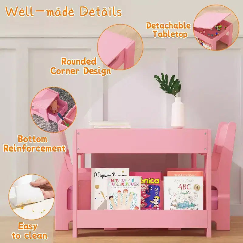 Set Tavolo e Sedie per Bambini - Tavolo Attività in Legno 4 in 1 e 2 Sedie, Cassetto Contenitore, Piano Rimovibile, per Disegno, Lettura, Lavoretti, Arte, Compiti
