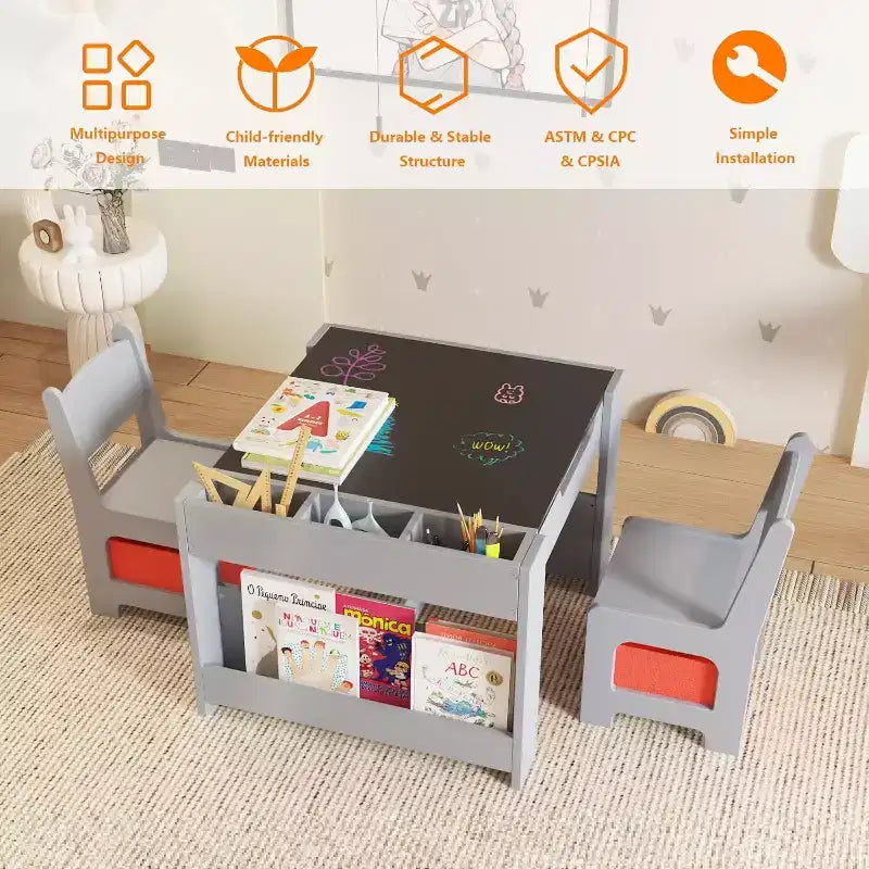 Set Tavolo e Sedie per Bambini - Tavolo Attività in Legno 4 in 1 e 2 Sedie, Cassetto Contenitore, Piano Rimovibile, per Disegno, Lettura, Lavoretti, Arte, Compiti