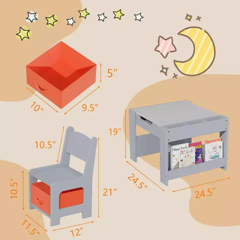 Set Tavolo e Sedie per Bambini - Tavolo Attività in Legno 4 in 1 e 2 Sedie, Cassetto Contenitore, Piano Rimovibile, per Disegno, Lettura, Lavoretti, Arte, Compiti