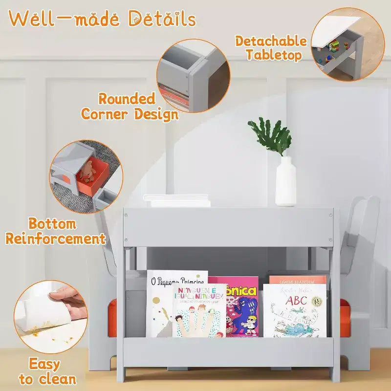 Set Tavolo e Sedie per Bambini - Tavolo Attività in Legno 4 in 1 e 2 Sedie, Cassetto Contenitore, Piano Rimovibile, per Disegno, Lettura, Lavoretti, Arte, Compiti
