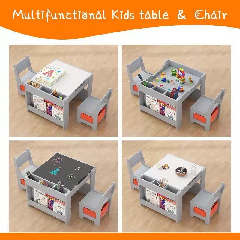Set Tavolo e Sedie per Bambini - Tavolo Attività in Legno 4 in 1 e 2 Sedie, Cassetto Contenitore, Piano Rimovibile, per Disegno, Lettura, Lavoretti, Arte, Compiti